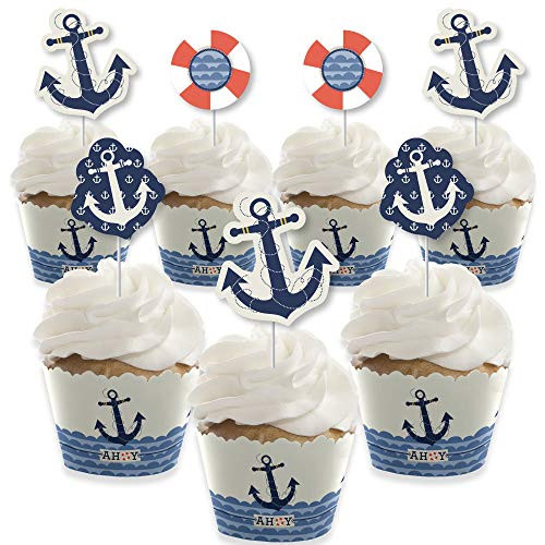 Ahoy - Nautical - Cupcake Decoration - Baby Shower or Birthday Party Cupcake Wrappers and Treat Picks Kit - Set of 24 Ahoy - Nautical - Cupcake Decoration - Baby Shower or Birthday Party Cupcake Wrappers and Treat Picks Kit - Set of 24