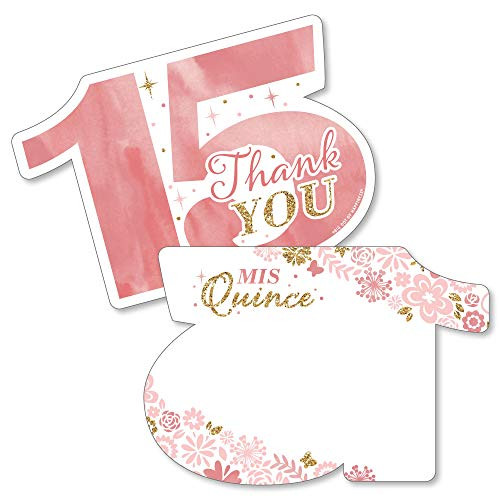 Mis Quince Anos - Shaped Thank You Cards - Quinceanera Sweet 15 Birthday Party Thank You Note Cards with Envelopes - Set of 12