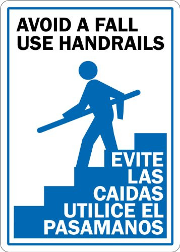 SmartSign 3M Engineer Grade Reflective Sign, Legend "Avoid a Fall Use Handrails", Bilingual Sign with Graphic, 10" high x 7" wide, Black/Blue on White