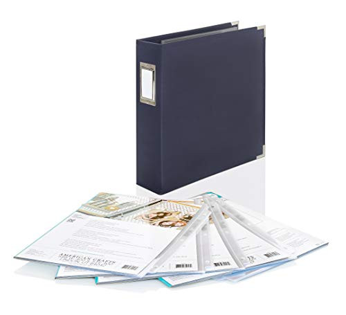 We R Memory Keepers Photo Picture Leather 3 Ring Album Binder- 8.5 x 11 Navy Blue ~ with (5) 10 Pack 8.5 x 11 Sheet Protectors Perfect Scrapbook Album and Page Protectors Set