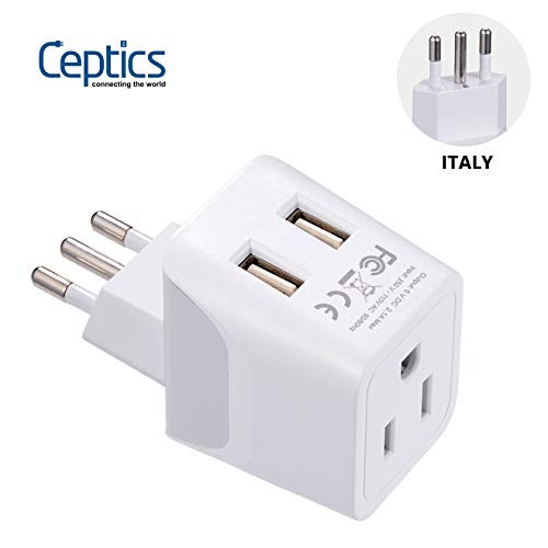 Italy, Chile, Uruguay Travel Adapter Plug by Ceptics With Dual USB - USA Input - Type L - Ultra Compact  - Perfect for Cell Phones, Laptop, Camera Chargers, iWatch, iPad, iPhone and More (CTU-12A)