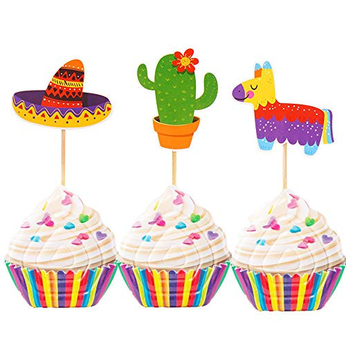 LaVenty 24 PCS Fiesta Cupcake Toppers Mexican Fiesta Party Cake Decoration for Mexican Themed Cactus Donkey Taco Pepper Sombrero Mustache Party Decorations