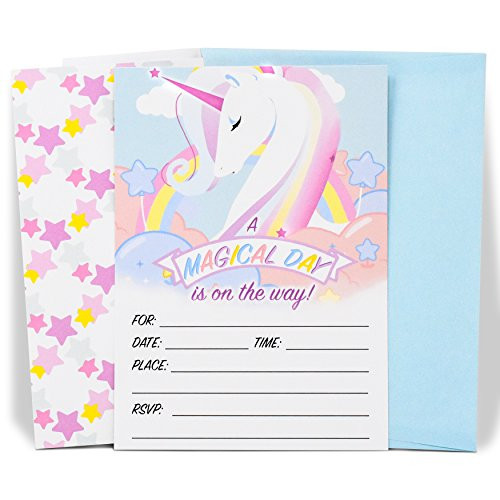 Festiful Rainbow Unicorn Party Invitations - Girls Unicorn Birthday Party Invitations - 25 Fill in Double Sided Unicorn Party Invites with Envelopes - Unicorn Theme Birthday, Unicorn Baby Shower