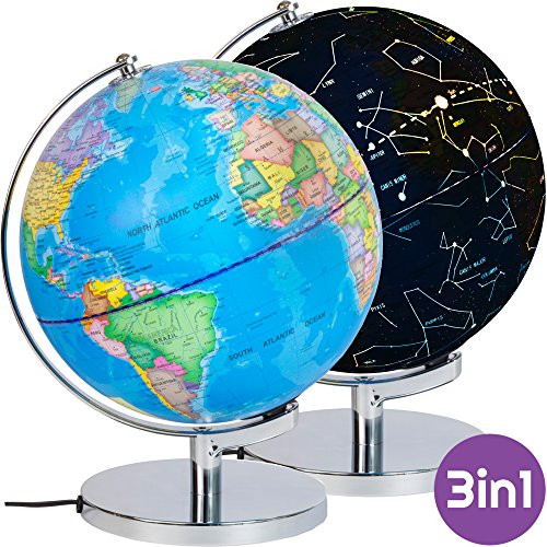 3-in-1 Illuminated World Globe with Stand - Nightlight and Globe Constellation for Kids with Illustrated Constellation Map by VFM Smartplay