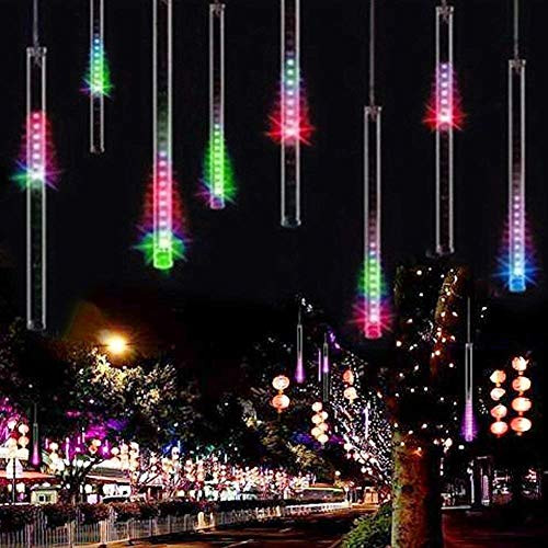 Adecorty Falling Rain Lights Meteor Shower Lights Christmas Lights 30cm 8 Tube 144 LEDs, Falling Rain Drop Icicle String Lights for Christmas Trees Halloween Decoration Holiday Wedding (Multi Color)