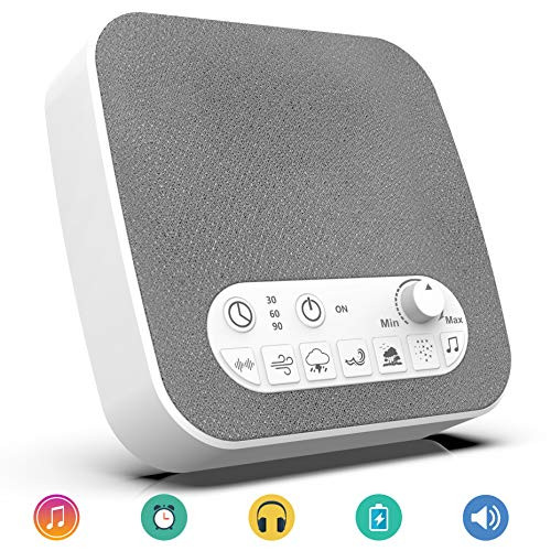 White Noise Machine Sound Machine Sleep Therapy with 7 Natural Soothing Sounds - USB Charger, Adjustable Volume Headphone Jack Auto-Off Timer Portable for Home Office Travel for Sleeping & Relaxation
