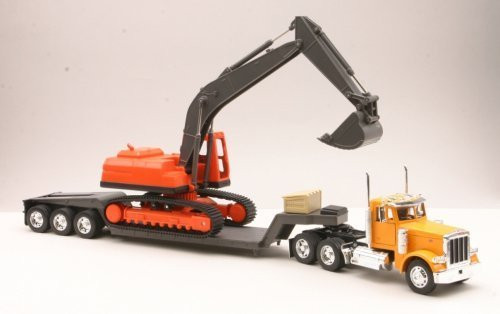 Diecast Toy Model Big Rig Long Haul Truck 1:32 Scale Peterbilt 379 Lowboy with Excavator, Yellow / Orange / Multicolor, 24 x 4 x 8