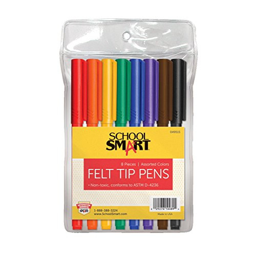 School Smart Felt Tip Pens, Fine Tip, Assorted Colors, Pack of 8