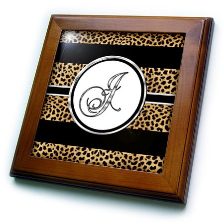 3dRose ft_180679_1 Elegant Cheetah Animal Print Monogram Letter J-Framed Tile Artwork, 8 by 8-Inch