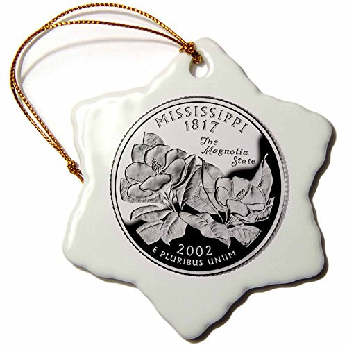 3dRose orn_57018_1 State Quarter of Mississippi PD-US-Snowflake Ornament, Porcelain, 3-Inch