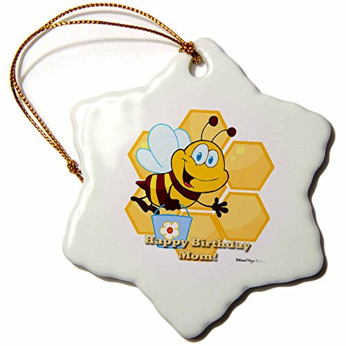 3dRose orn_58849_1 Bumble Bee Happy Birthday Mom-Snowflake Ornament, Porcelain, 3-Inch