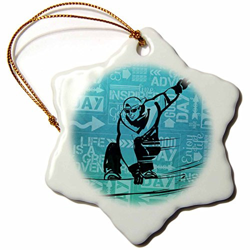 3dRose orn_173215_1 Snowboarding Winter Sports Silhouette with Adventure Word Art-Snowflake Ornament, Porcelain, 3-Inch