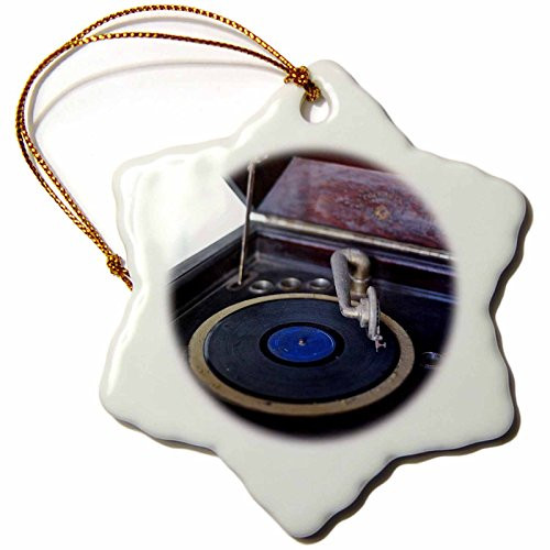 3dRose orn_56781_1 Vintage Record Player-Snowflake Ornament, 3-Inch, Porcelain