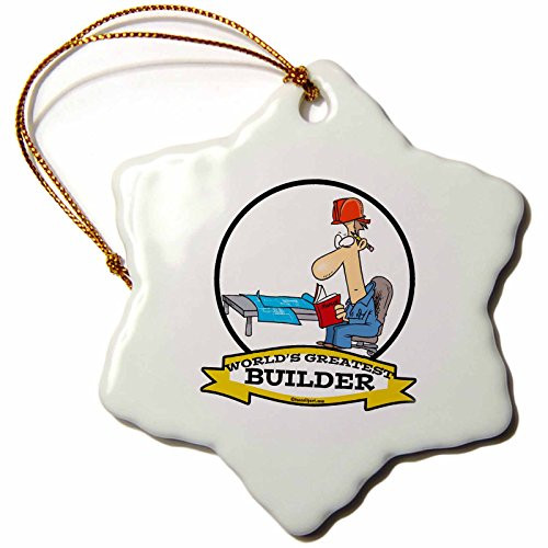 3dRose orn_102995_1 Funny Worlds Greatest Builder Ii Cartoon-Snowflake Ornament, 3-Inch, Porcelain