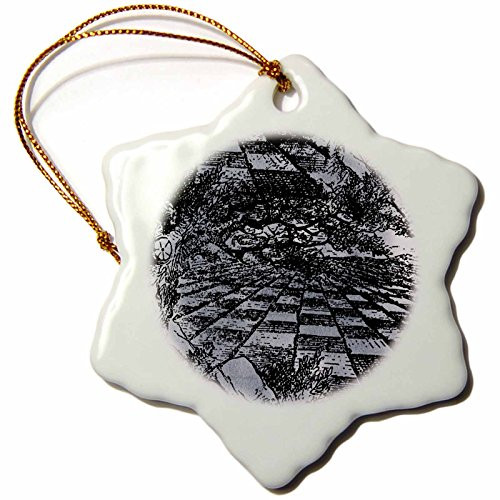 3dRose orn_110211_1 Vintage Alice in Wonderland Chess Board-Snowflake Ornament, 3-Inch, Porcelain