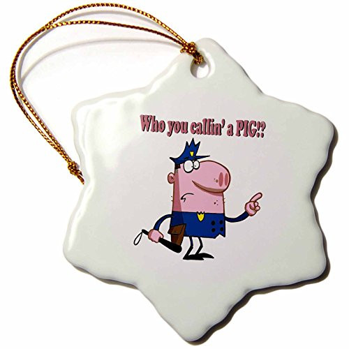 3dRose ORN_118697_1 Funny Pig Cartoon Cop Policeman Snowflake Ornament, Porcelain, 3-Inch