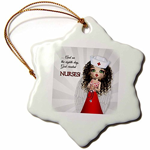 3dRose ORN_127617_1 and on The Eighth Day God Created Nurses This Cute Nurse Has Wings Like an Angel Snowflake Ornament, Porcelain, 3-Inch