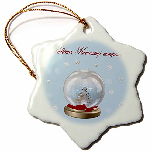 3dRose ORN_160035_1 Snow Globe Deer, Tree and Snowflakes, Merry Christmasin Hungarian Snowflake Ornament, Porcelain, 3-Inch