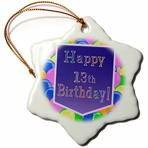 3dRose ORN_174802_1 Balloons with Purple Banner Happy 13Th Birthday Snowflake Ornament, Porcelain, 3-Inch
