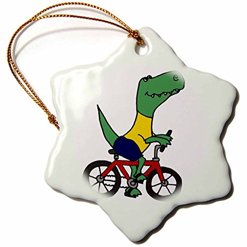 3dRose ORN_196250_1 Funny Green T-Rex Dinosaur Riding Red Bike Snowflake Ornament, Porcelain, 3-Inch