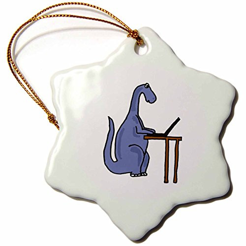 3dRose ORN_200090_1 Funny Dinosaur Using Laptop Perfect for Cobol Programmers Snowflake Ornament, Porcelain, 3-Inch