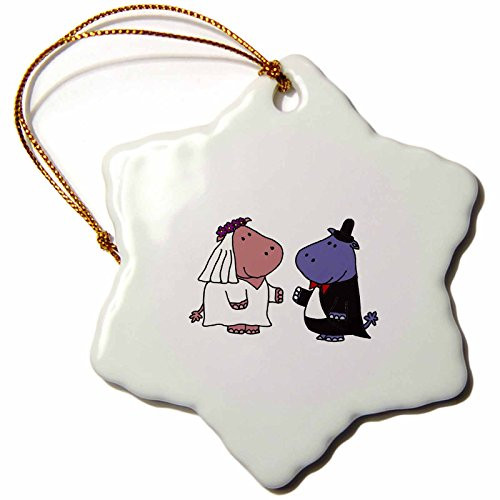 3dRose ORN_200450_1 Funny Hippo Bride and Groom Wedding Art Snowflake Ornament, Porcelain, 3-Inch