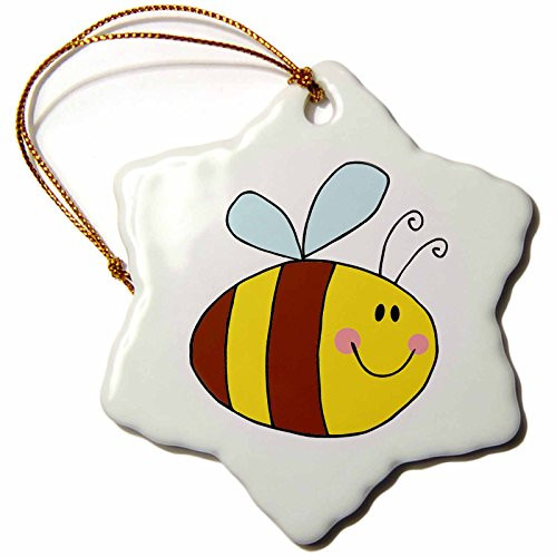 3dRose ORN_118749_1 Happy Flying Honeybee Honey Bee Cartoon Snowflake Porcelain Ornament, 3"