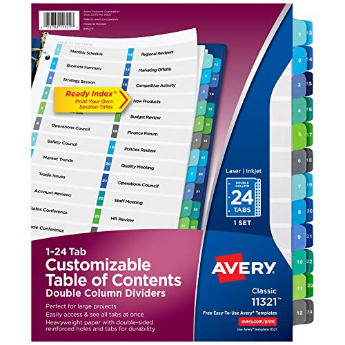 Avery Ready Index 24-Tab Double Column Dividers, Printable Table of Contents, Multicolor Tabs, 1 Set (11321)