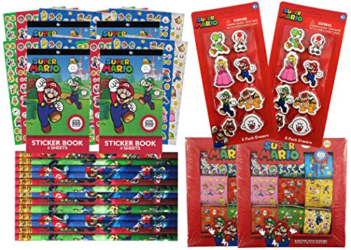 Super Mario Bros Birthday Party Favors Pack For 16 | Includes Mario And Friends Sticker Sheets, Sticker Rolls, Mario Kart Pencils, Erasers | Super Mario Party Gift Set | Video Game Party Supplies