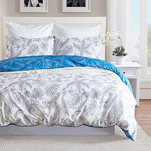 Linen_specialist Palm Leaf Bedding Set Tropical Leaves Duvet Cover Set King, Blue and White Leaves Botanical Bedding Set with Zipper & Ties, 1 Microfiber Duvet Cover & Envelope Pillowcases Linen_specialist Palm Leaf Bedding Set Tropical Leaves Duvet Cover Set King, Blue and White Leaves Botanical Bedding Set with Zipper & Ties, 1 Microfiber Duvet Cover & Envelope Pillowcases