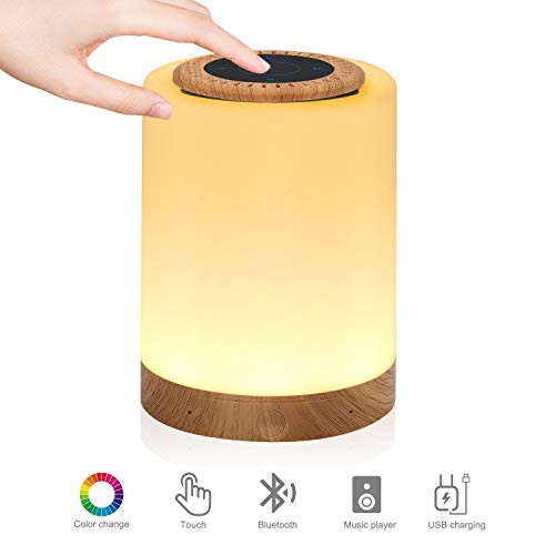 LK&smart Night Light with Bluetooth Speaker, Smart Touch Sensor Bedside Lamp, (Dimmable 3 Level Warm White Light & Six Color Changing RGB, Micro SD supported)