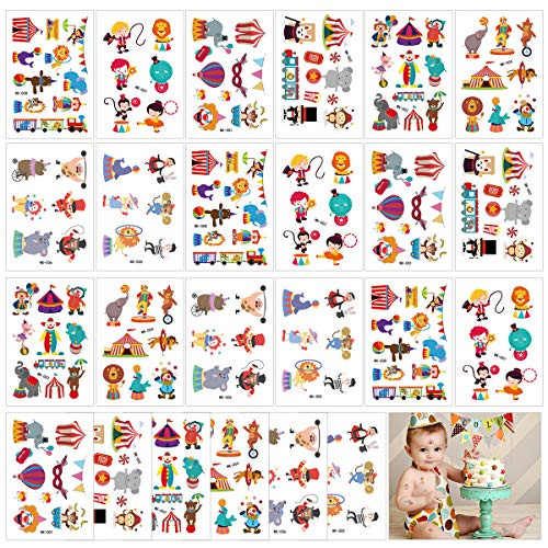 Circus Carnival Clown Temporary Tattoos for Kids Boys Birthday Party (Pack of 24 Sheets) Waterproof, Circus Clown Party Supplies Children Party Favors