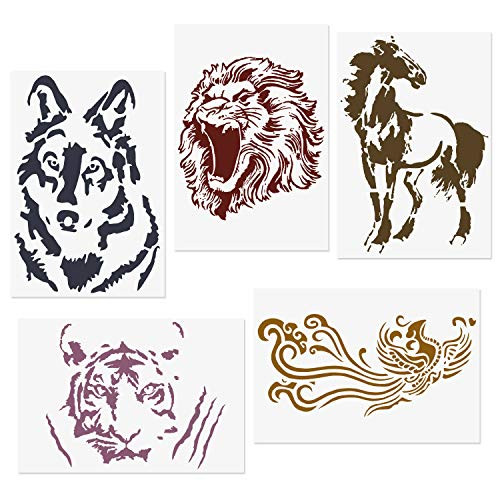 CODOHI 5 Packs Animals Stencils Lion Tiger Horse Wolf Phoenix Reusable Mylar Template - DIY Craft Stencils for Painting 8.2"x11.6"