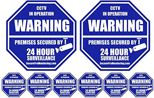 Two Real CCTV Security Camera Home Alarm Signs + 6 Security Alarm System Stickers (Signs: 9" x 9" - No Sign Posts Included, Stickers are 3" x 3", Blue & White)