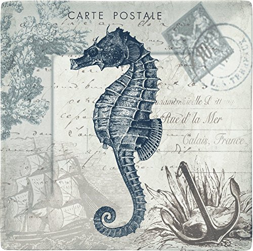 Merritt Seaside Postcard Seahorse 8-inch Square Melamine Plates, Set of 6