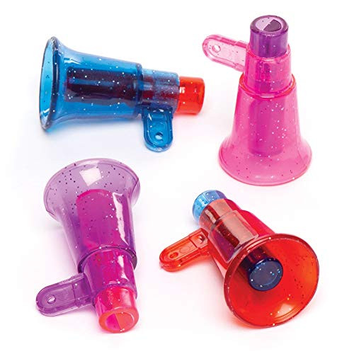 Baker Ross Glitter Megaphone Whistles (Pack of 8) Plastic Noisemakers Perfect for Kids Goodie Bags, Halloween Party Favors, Pinata Filler or Birthday Present