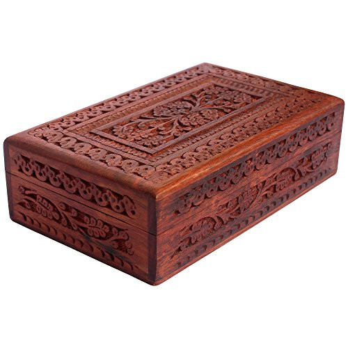 ITOS365 Handmade Wooden Keepsake Storage Case Jewelry Box Jewel Organizer - Floral Hand Carvings with Brass Inlay - Gifts for Women, 8 x 5 Inches ITOS365 Handmade Wooden Keepsake Storage Case Jewelry Box Jewel Organizer - Floral Hand Carvings with Brass Inlay - Gifts for Women, 8 x 5 Inches