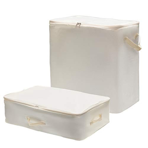 LUFOFOX Foldable Storage Bag Large Under-Bed Clothing Organizer with Zipper for Quilt,Clothes,Blankets,Pillows,Comforters(2 Piece Set,Beige)