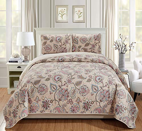 Luxury Home Collection 2 Piece Twin/TwinXL Quilted Reversible Coverlet Bedspread Set Floral Printed Beige Pink Blue #Hilton (Twin/TwinXL)