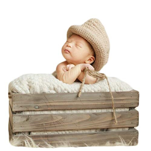Baby Photography Props Cowboy Hats Photo Shoot Outfits Crochet Costume Boy Girl Knitted Hat (Beige)
