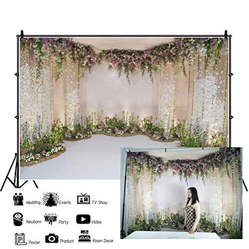 Laeacco Wedding Backdrops 10x6.5ft Flower and Wedding Decoration Photography Background Fresh Flowers Spring Indoor Chic Wall White Floor Ceremony Celebration Girls Adult Portrait