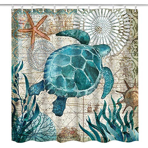 Sea Turtle Shower Curtain, 71 x 71, Ocean Animal Beach Landscape Sea Theme Shower Curtain, Waterproof Washable Polyester Fabric Non Toxic Eco-Friendly No Odor Sea Turtle Bathroom Decor with 12 Hooks