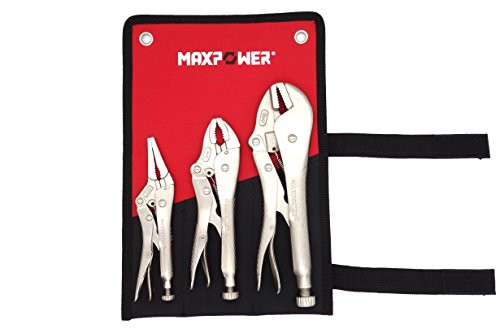 MAXPOWER Locking Pliers Set, 3 Pieces Kitbag set. 6-Inch Long Nose Locking Pliers, 7-Inch Curved Jaw Locking Pliers and 10-Inch Straight Jaw Locking Pliers in a Kitbag