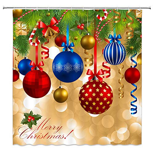 Feierman Merry Christmas Shower Curtain Decor Colorful Balls Hang on Pine Tree New Year Bathroom Curtain Decor Machine Washable Waterproof with Hooks 70x70Inches