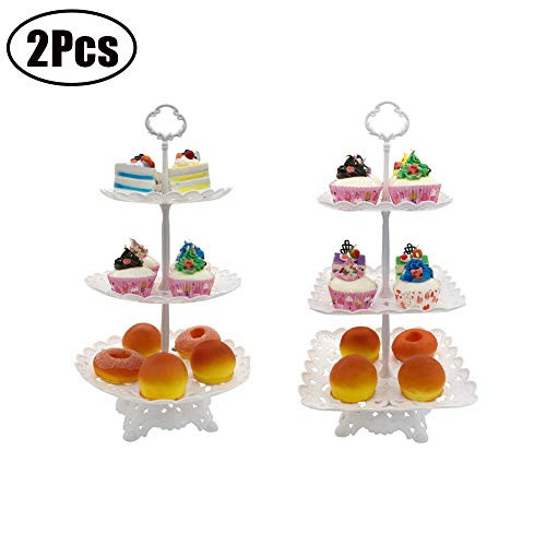 Set of 2 Pcs 3-Tier Cake Stand with Base Fruit Plate Cupcake Plastic Round Square White for Cakes Desserts Fruits Candy Buffet Stand for Wedding & Home & Birthday Party Serving Platter