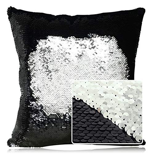 HeMiaor Mermaid Sequin Pillow Cases Cushion Covers Two-Color That Change DIY Sparkly Cushion Cases, 16"x16" (Black and Silver)