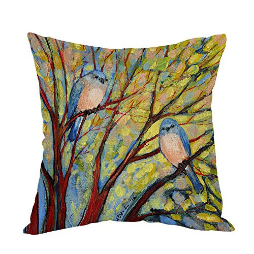Moslion Bird Paintings Pillow,Home Decor Throw Pillow Cover Two Bird On The Tree Cotton Linen Cushion for Couch/Sofa/Bedroom/Livingroom/Kitchen/Car 18 x 18 inch Square Pillow case