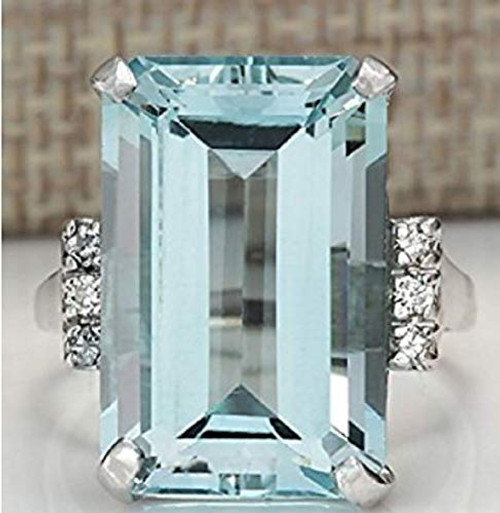 Zhiwen Vintage Fashion Women 925 Silver Aquamarine Gemstone Ring Engagement Wedding Jewelry Size 5-11 (11#)