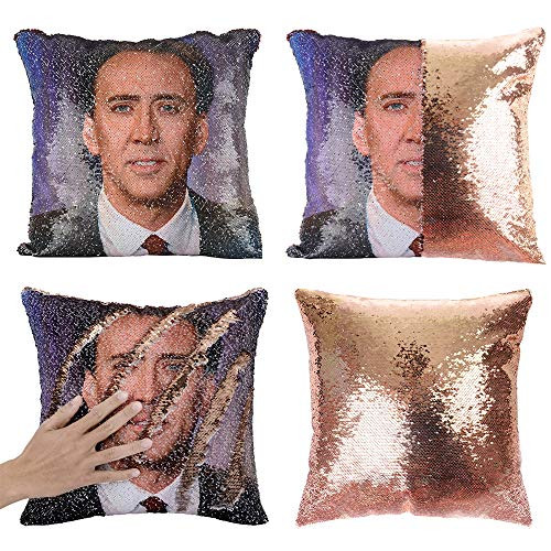 Merrycolor Mermaid Pillow Cover Magic Reversible Sequin Pillow Cover Throw Cushion Case Decorative Pillowcase That Change Color (D Nicolas Cage#1- Gold Sequins)
