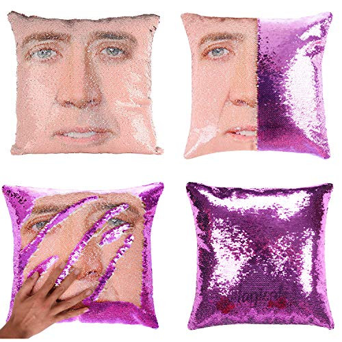 Merrycolor Mermaid Pillow Cover, Nicolas Cage Pillow Case Magic Reversible Sequin Pillow Cover Decorative Throw Cushion Case (H Nicolas Cage#2- Purple Sequins)